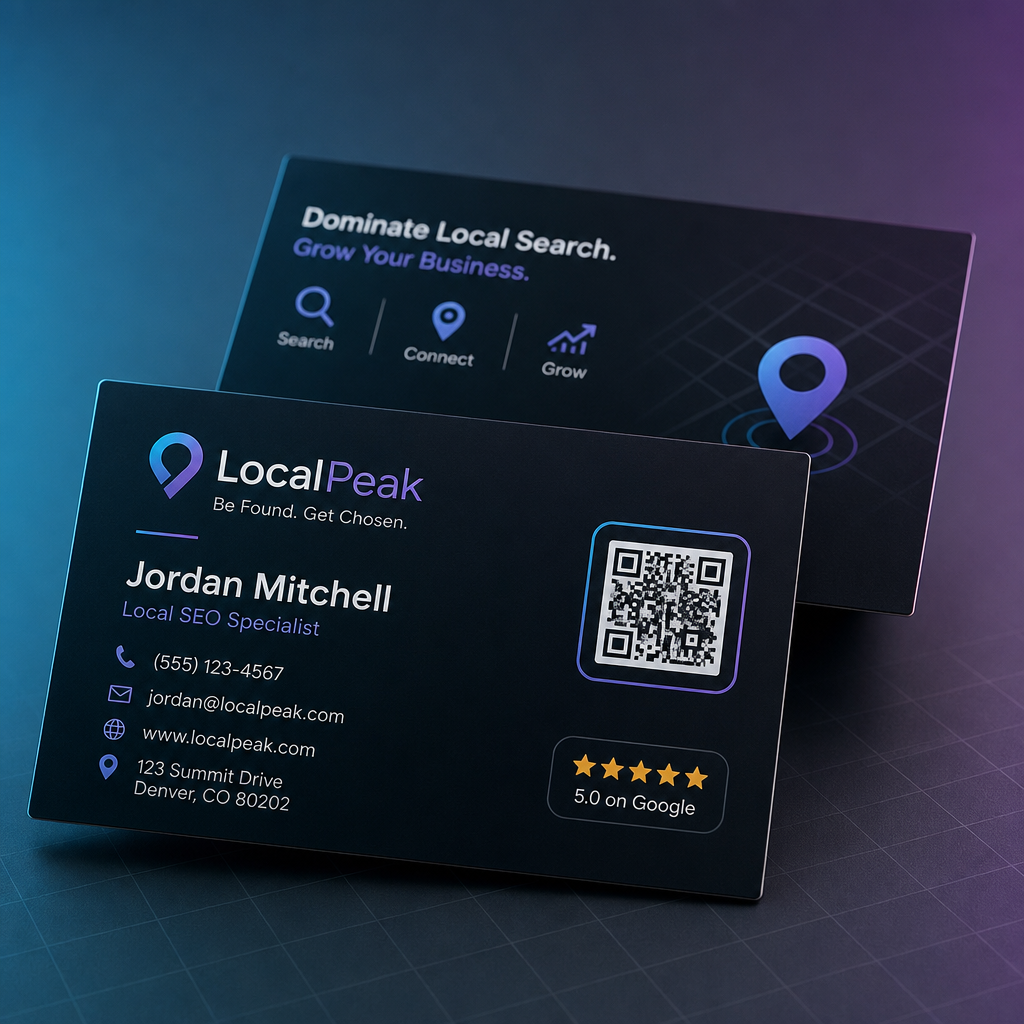 Example of a Google My Business profile card with QR code, map pin, and contact details